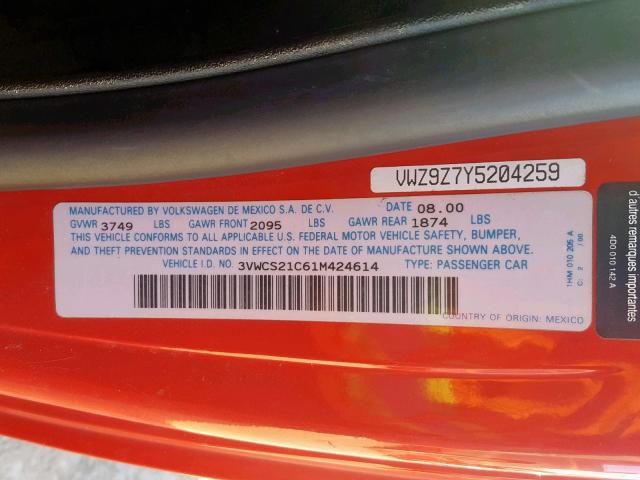 3VWCS21C61M424614 - 2001 VOLKSWAGEN NEW BEETLE Qırmızı foto 10