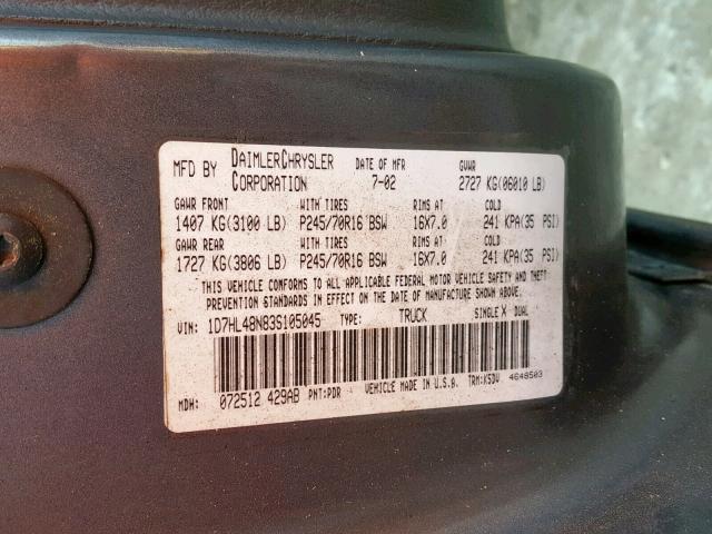 1D7HL48N83S105045 - 2003 DODGE DAKOTA QUA GRAY photo 10