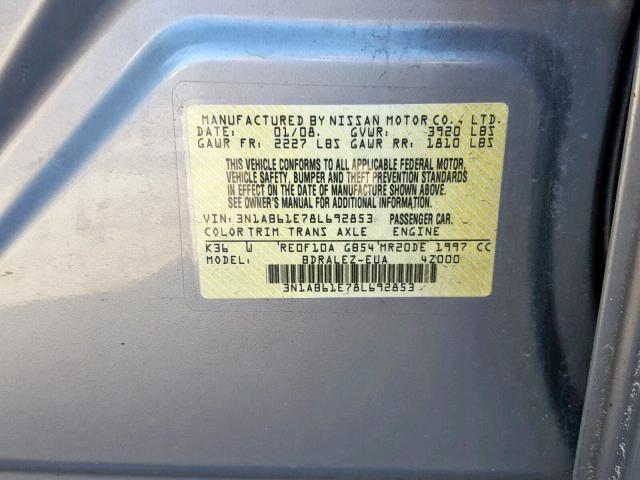 3N1AB61E78L692853 - 2008 NISSAN SENTRA 2.0 GRAY photo 10