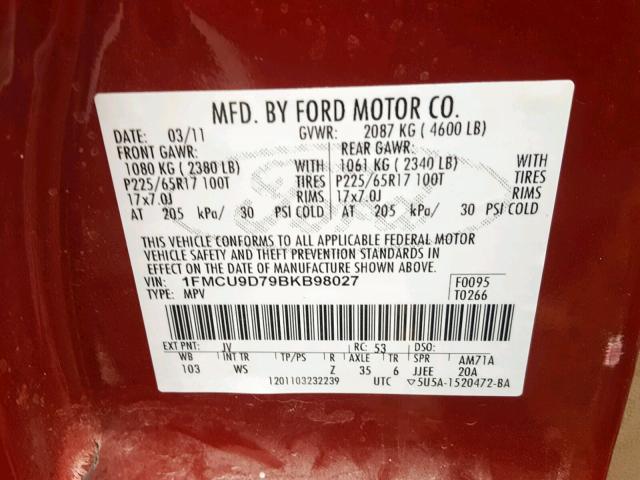 1FMCU9D79BKB98027 - 2011 FORD ESCAPE XLT RED photo 10