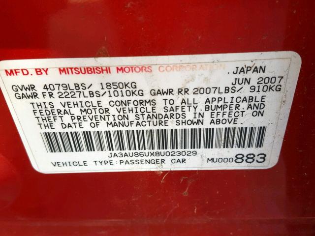 JA3AU86UX8U023029 - 2008 MITSUBISHI LANCER GTS RED photo 10