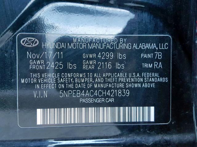 5NPEB4AC4CH421839 - 2012 HYUNDAI SONATA GLS BLACK photo 10