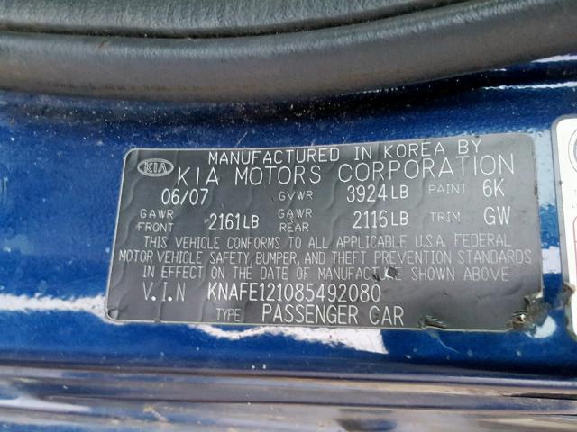 KNAFE121085492080 - 2008 KIA SPECTRA EX BLUE photo 10