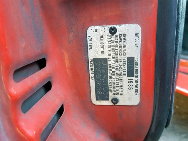 JT2AW15C4G0090638 - 1986 TOYOTA MR2 RED photo 10