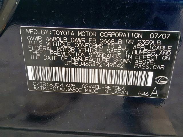 JTHBJ46G472149042 - 2007 LEXUS ES 350 BLACK photo 10