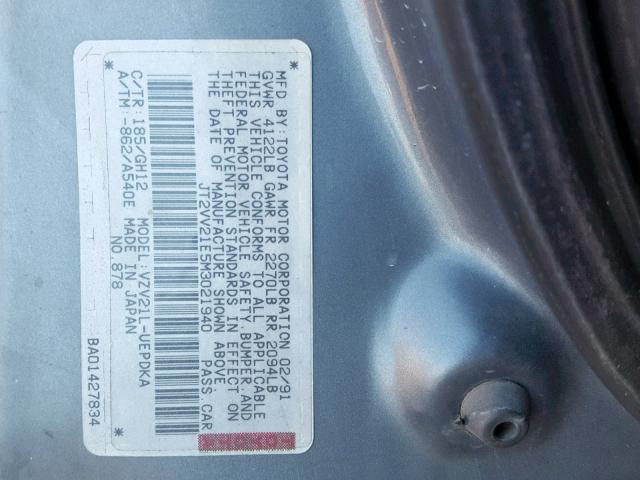 JT2VV21E5M3021940 - 1991 TOYOTA CAMRY DLX 灰色 照片 10