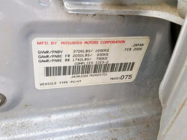 JA3AJ26E76U605701 - 2006 MITSUBISHI LANCER ES SILVER photo 10