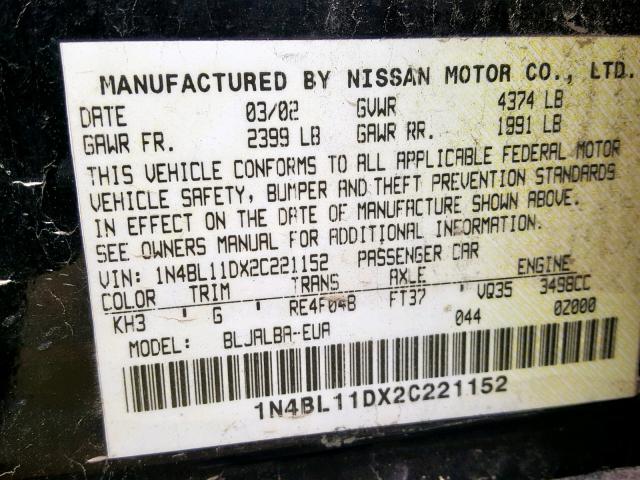 1N4BL11DX2C221152 - 2002 NISSAN ALTIMA SE BLACK photo 10