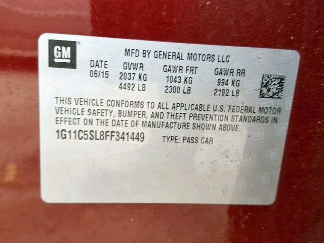 1G11C5SL8FF341449 - 2015 CHEVROLET MALIBU 1LT 栗色 照片 10