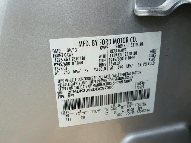 2FMDK3J94DBC97008 - 2013 FORD EDGE SEL SILVER photo 10