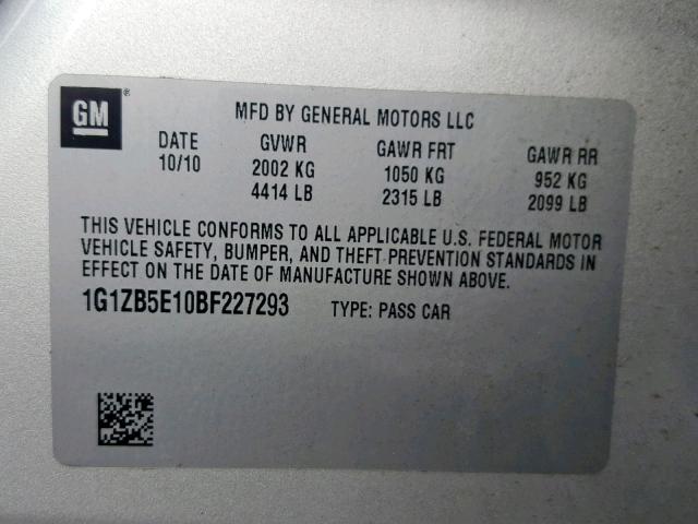 1G1ZB5E10BF227293 - 2011 CHEVROLET MALIBU LS SILVER photo 10