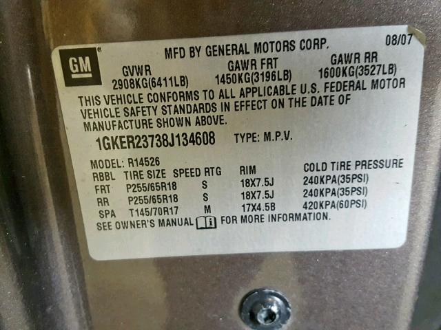 1GKER23738J134608 - 2008 GMC ACADIA SLT თაფლისფერი ფოტო 10