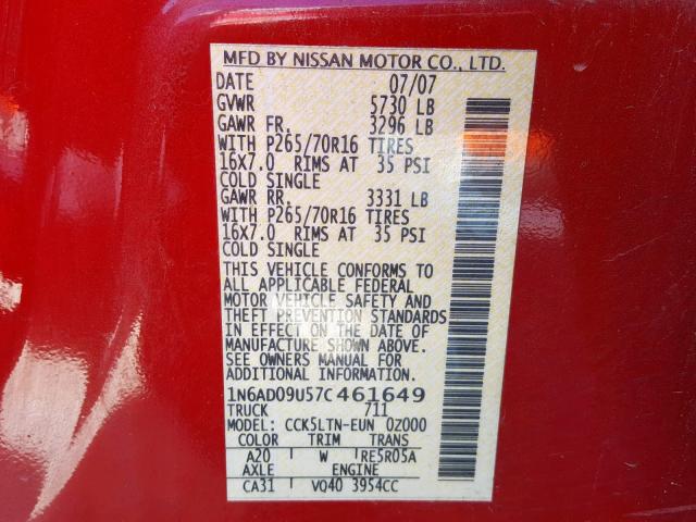 1N6AD09U57C461649 - 2007 NISSAN FRONTIER C RED photo 10