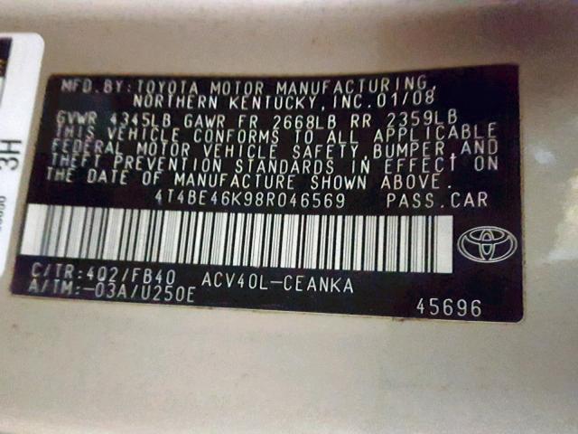 4T4BE46K98R046569 - 2008 TOYOTA CAMRY CE TAN photo 10