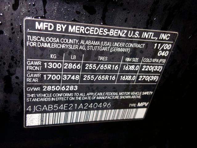 4JGAB54E21A240496 - 2001 MERCEDES-BENZ ML 320 BLACK photo 10