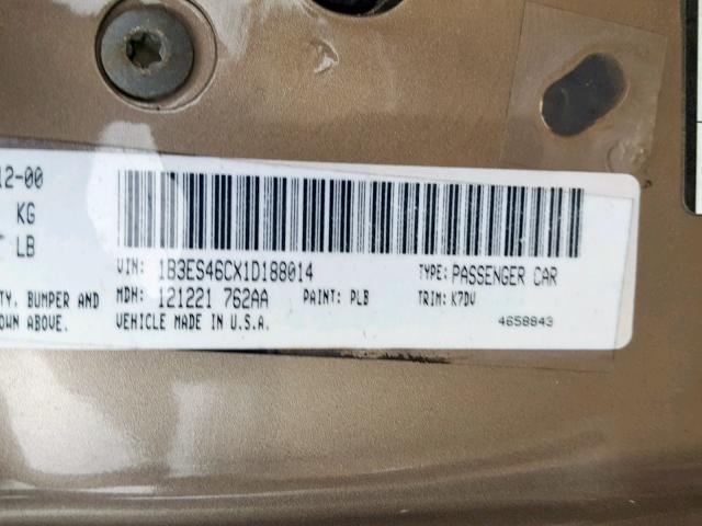 1B3ES46CX1D188014 - 2001 DODGE NEON SE BEIGE photo 10