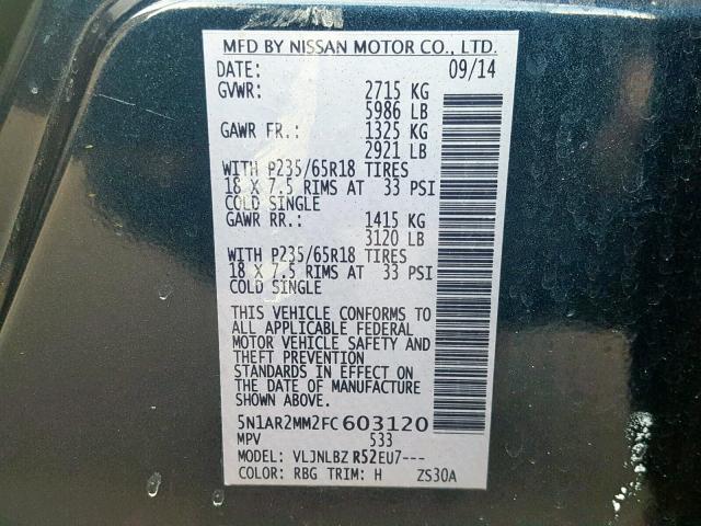 5N1AR2MM2FC603120 - 2015 NISSAN PATHFINDER BLUE photo 10