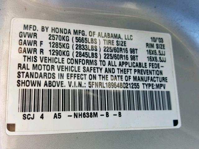 5FNRL18964B021255 - 2004 HONDA ODYSSEY EX SILVER photo 10