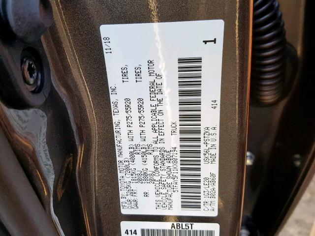 5TFAY5F11KX807194 - 2019 TOYOTA TUNDRA CRE GRAY photo 10