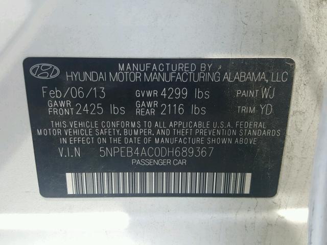 5NPEB4AC0DH689367 - 2013 HYUNDAI SONATA GLS WHITE photo 10