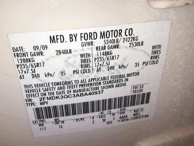 2FMDK3GC3ABA40937 - 2010 FORD EDGE SE WHITE photo 10