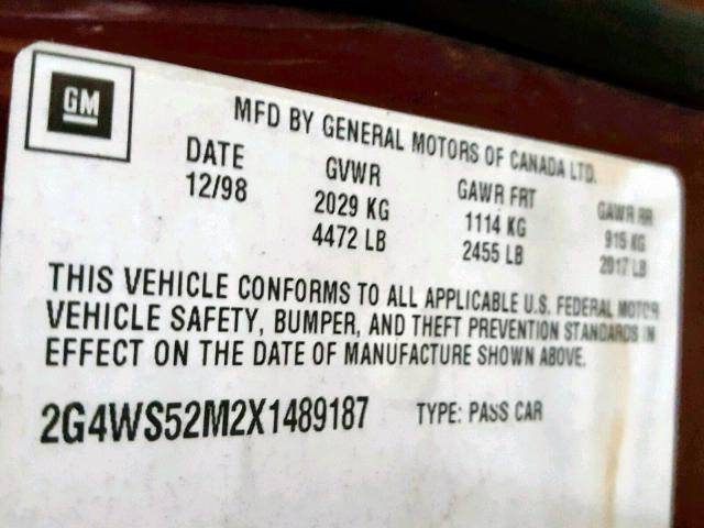 2G4WS52M2X1489187 - 1999 BUICK CENTURY CU MAROON photo 10