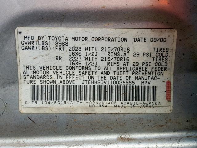 JTEHH20V110029555 - 2001 TOYOTA RAV4 SILVER photo 10