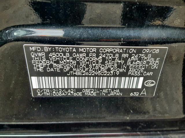 JTHBE262295022319 - 2009 LEXUS IS 350 BLACK photo 10