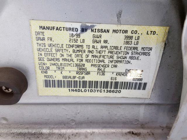 1N4DL01D3YC136620 - 2000 NISSAN ALTIMA XE SILVER photo 10