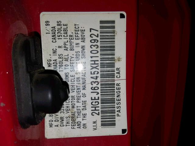 2HGEJ6345XH103927 - 1999 HONDA CIVIC DX RED photo 10