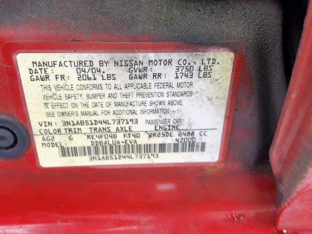 3N1AB51D44L737193 - 2004 NISSAN SENTRA SE- RED photo 10