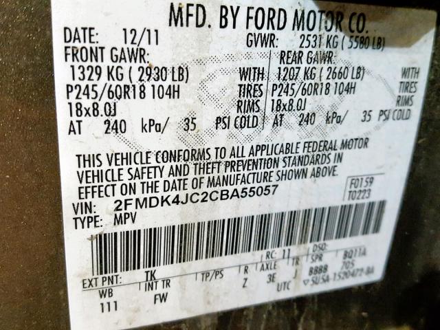 2FMDK4JC2CBA55057 - 2012 FORD EDGE SEL TAN photo 10