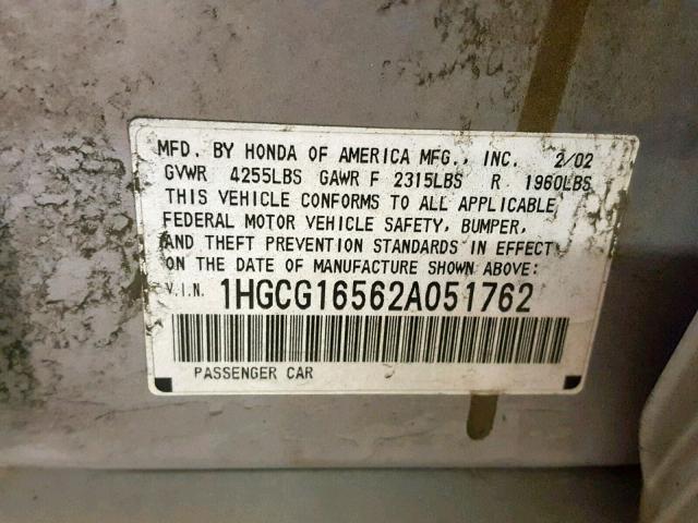 1HGCG16562A051762 - 2002 HONDA ACCORD EX SILVER photo 10