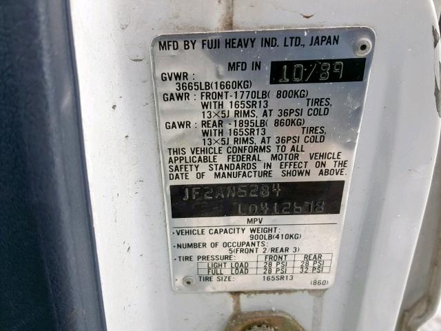 JF2AN52B4LD412678 - 1990 SUBARU LOYALE WHITE photo 10