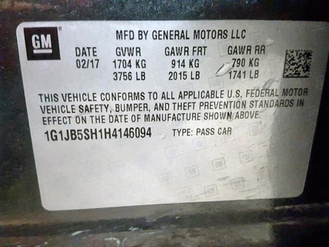1G1JB5SH1H4146094 - 2017 CHEVROLET SONIC LS 石墨色 照片 10