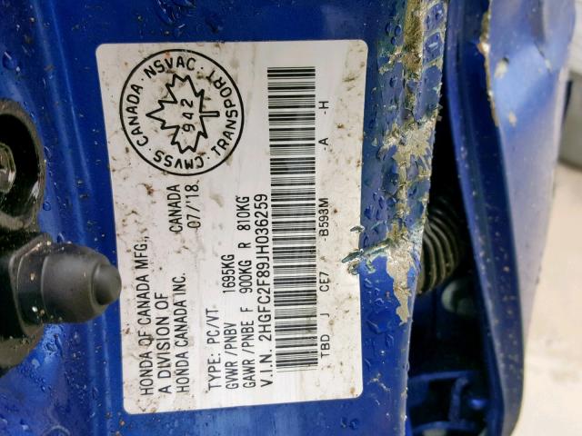 2HGFC2F89JH036259 - 2018 HONDA CIVIC EX BLUE photo 10