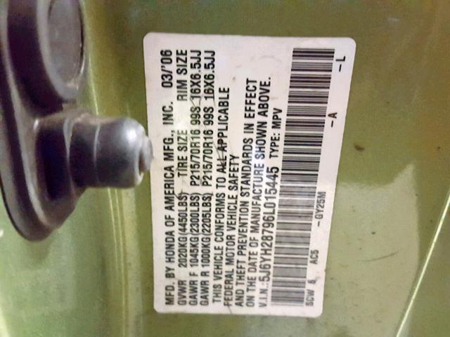 5J6YH28796L015445 - 2006 HONDA ELEMENT EX GREEN photo 10