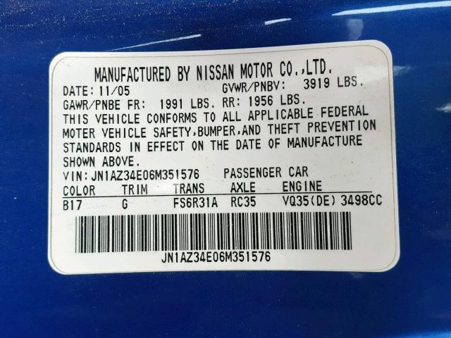 JN1AZ34E06M351576 - 2006 NISSAN 350Z COUPE BLUE photo 10