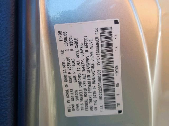 1HGCS22869A004309 - 2009 HONDA ACCORD EXL SILVER photo 10