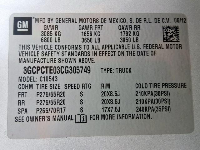 3GCPCTE03CG305749 - 2012 CHEVROLET SILVERADO SILVER photo 10