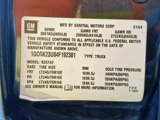 1GCGK23U04F192381 - 2004 CHEVROLET SILVERADO CHARCOAL photo 10