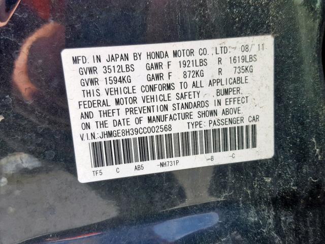 JHMGE8H39CC002568 - 2012 HONDA FIT BLACK photo 10