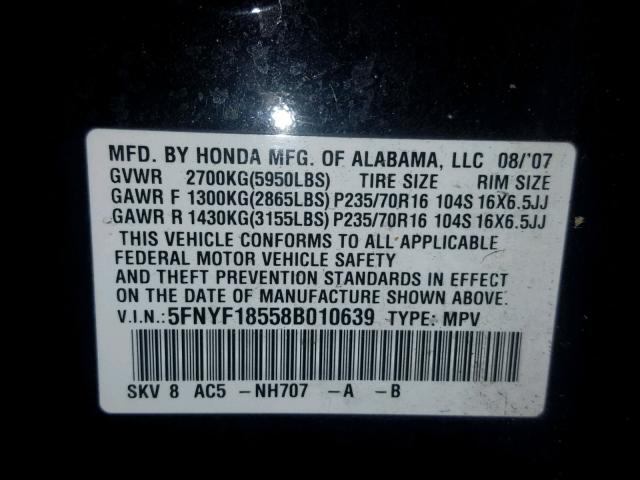 5FNYF18558B010639 - 2008 HONDA PILOT EXL BLACK photo 10