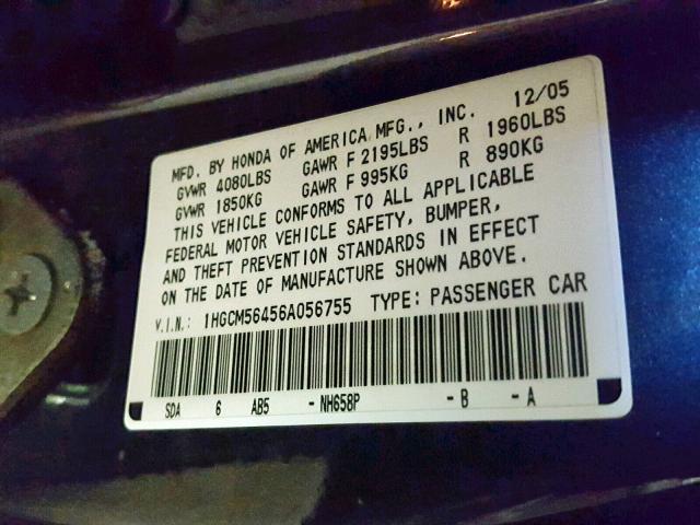 1HGCM56456A056755 - 2006 HONDA ACCORD LX GRAY photo 10