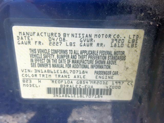 3N1AB61E18L707184 - 2008 NISSAN SENTRA 2.0 BLUE photo 10