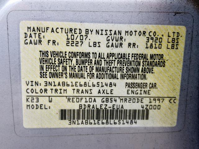 3N1AB61E68L651484 - 2008 NISSAN SENTRA 2.0 SILVER photo 10