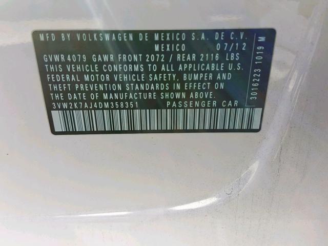 3VW2K7AJ4DM358351 - 2013 VOLKSWAGEN JETTA BASE WHITE photo 10