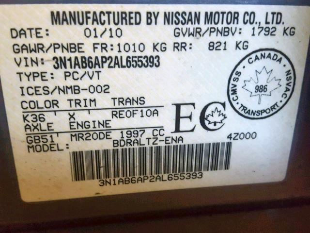 3N1AB6AP2AL655393 - 2010 NISSAN SENTRA 2.0 GRAY photo 10