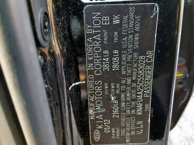 KNAFU4A25C5583028 - 2012 KIA FORTE EX BLACK photo 10