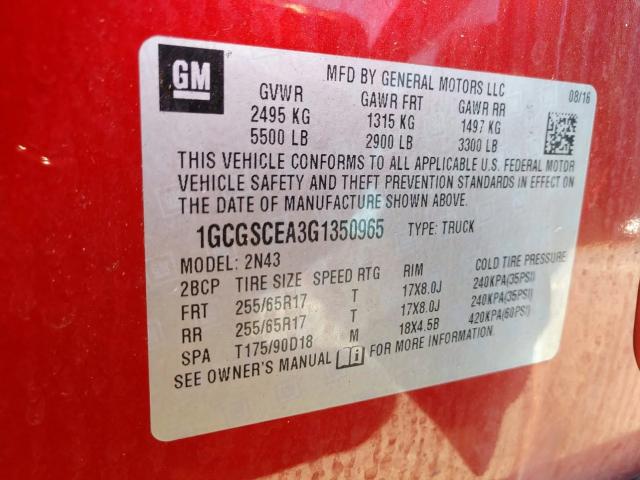 1GCGSCEA3G1350965 - 2016 CHEVROLET COLORADO L RED photo 10